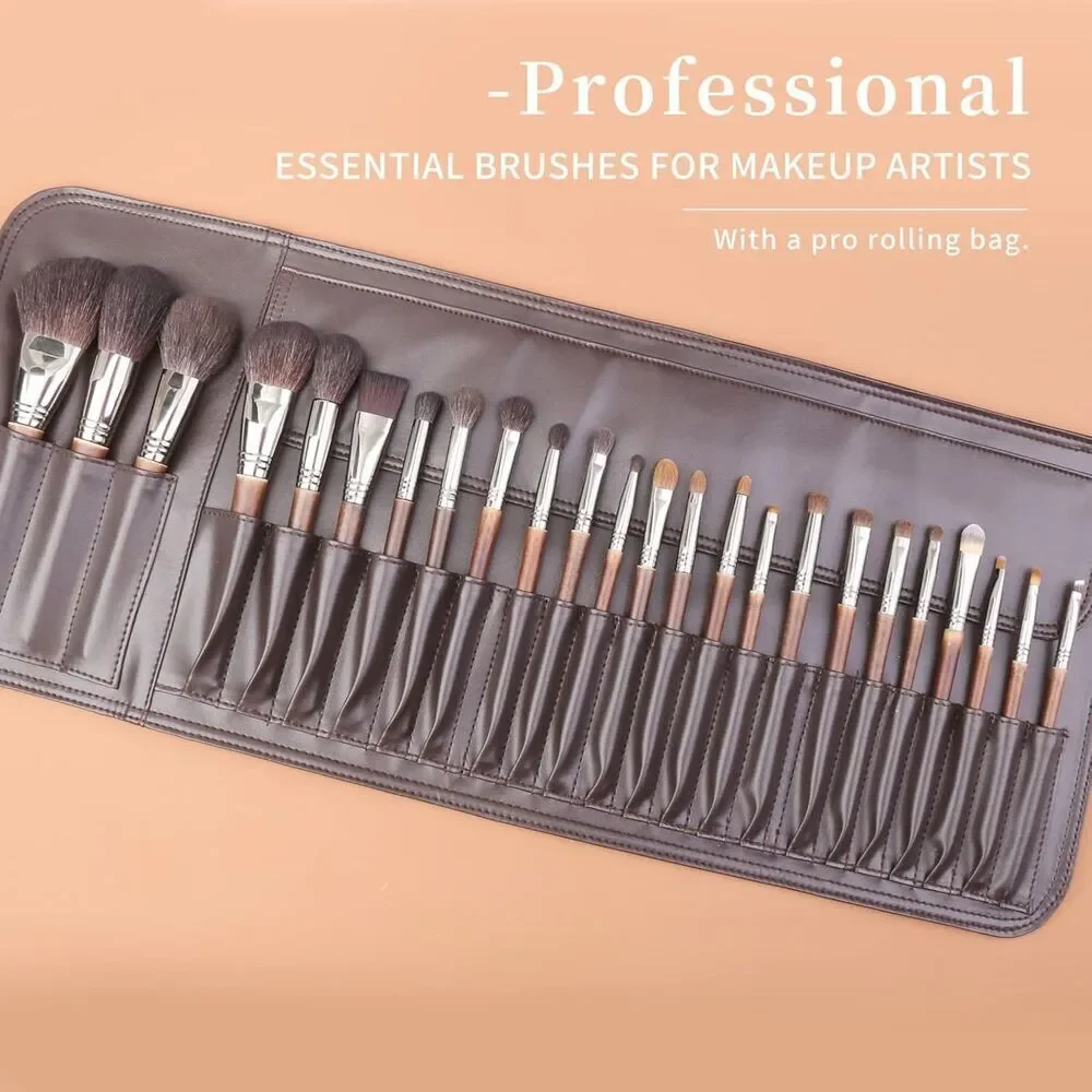 Deluxe 24 Cosmetic Professional Natural Goat Hair Makeup Brush Set with Case